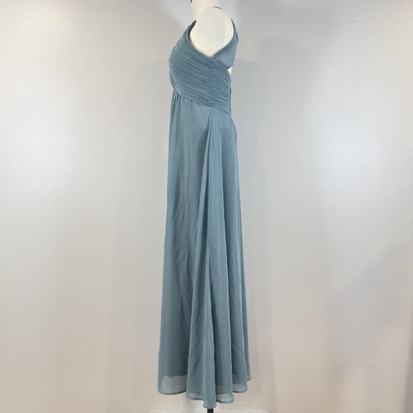 Morilee Madeline Gardner Teal Ruched Halter Maxi Dress Keyhole Back Zip Size 6 - Picture 4 of 13